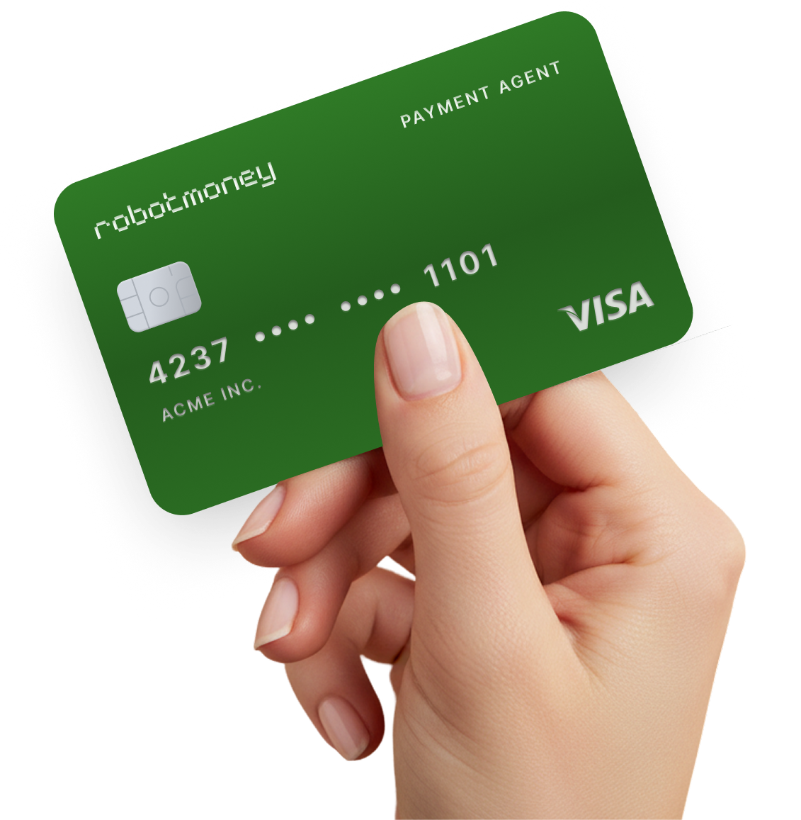 RobotMoney payment agent card held in a hand